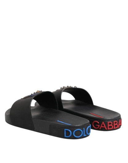 Dolce & Gabbana Black Leather Slides Flats Beachwear Shoes - The Gentlemen's Vault