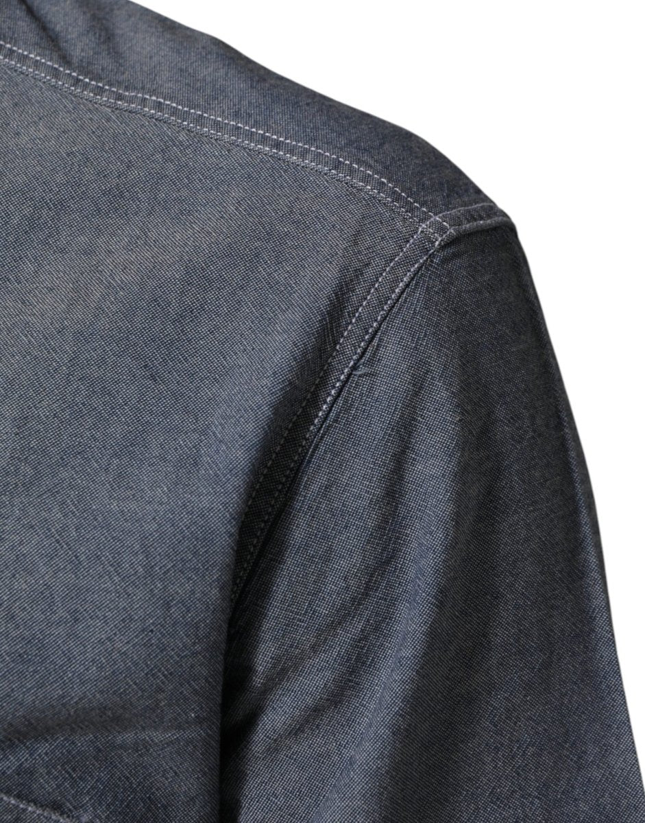 AGLINI Blue Denim Regular Fit Collared Long Sleeve Casual Shirt - The Gentlemen's Vault