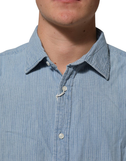 Deperlu Blue Denim Regular Fit Collared Long Sleeve Men Shirt - The Gentlemen's Vault