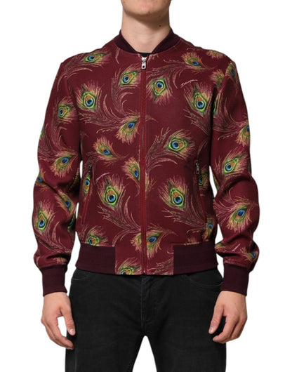 Dolce & Gabbana Maroon Peacock Feather Print Bomber Jacket - The Gentlemen's Vault