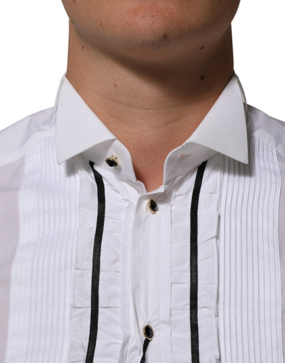 Dolce & Gabbana White Cotton Collared Long Sleeve GOLD Dress Shirt - The Gentlemen's Vault