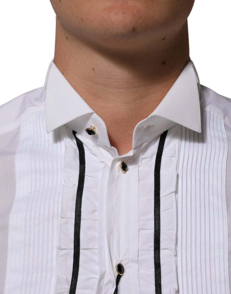 Dolce & Gabbana White Cotton Collared Long Sleeve GOLD Dress Shirt - The Gentlemen's Vault