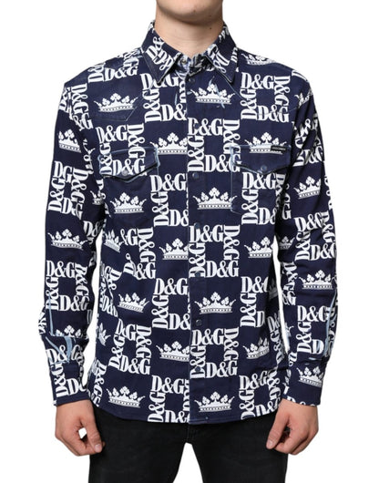 Dolce & Gabbana Blue Crown Logo Print Slim Fit Cotton Shirt - The Gentlemen's Vault