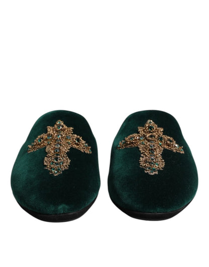 Dolce & Gabbana Green Velvet Cross Embellished Slippers Shoes - The Gentlemen's Vault