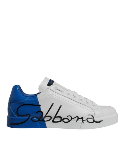 Dolce & Gabbana White Blue Leather Logo Low Top Sneakers Shoes - The Gentlemen's Vault